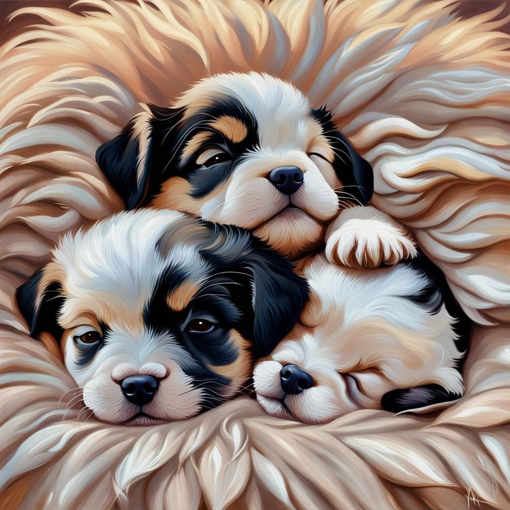 Dalmatians Pongo, Perdita, and Puppies Snuggled Asleep: Oil ...