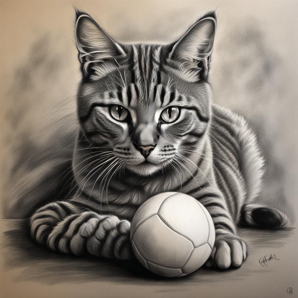 Hyperdetailed Charcoal Drawing: Cat with Ball