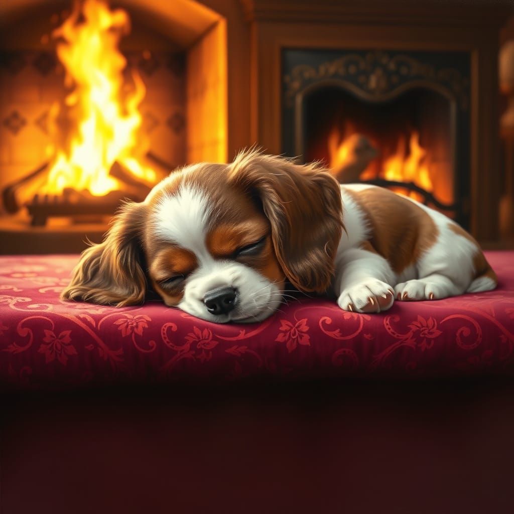 Serene Cavalier King Charles Puppy by the Cozy Fireplace