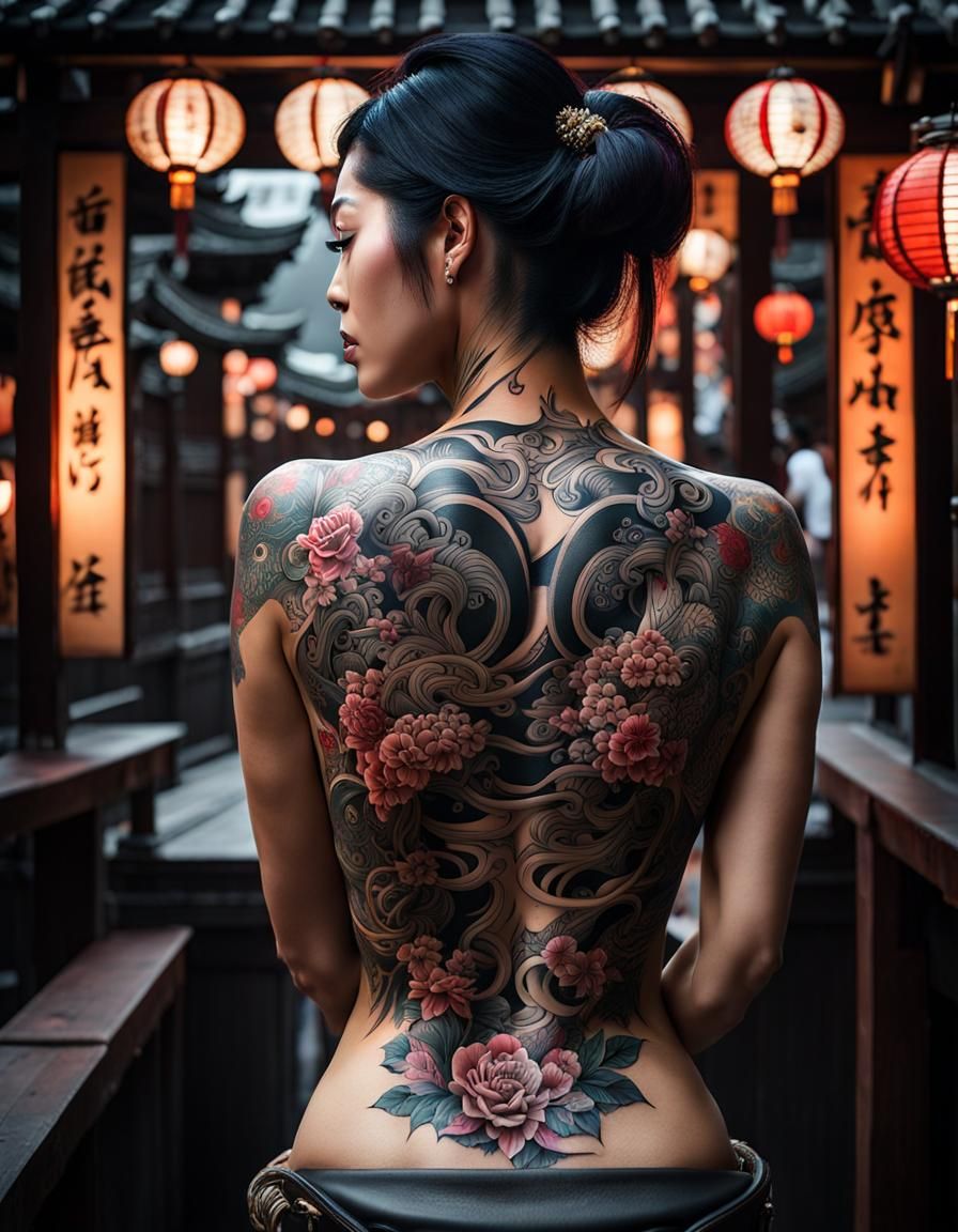 Japanese Woman's Back Tattoo in Traditional Style