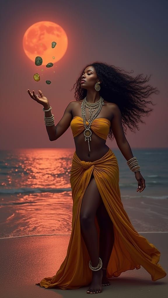 Mystical Woman Levitating Stones on Beach