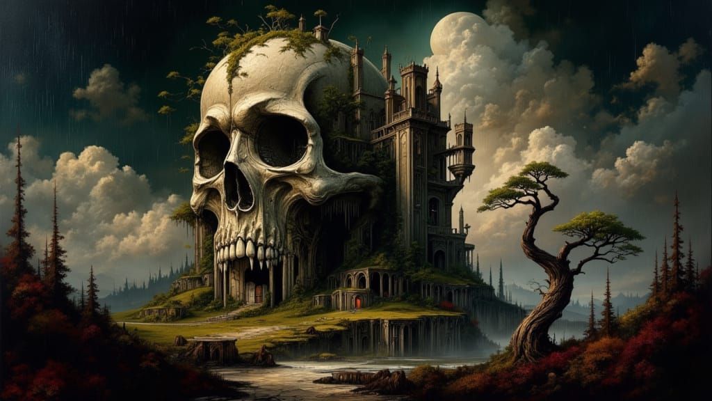 Frazetta-Inspired Castle Oil Painting in Dark Forest