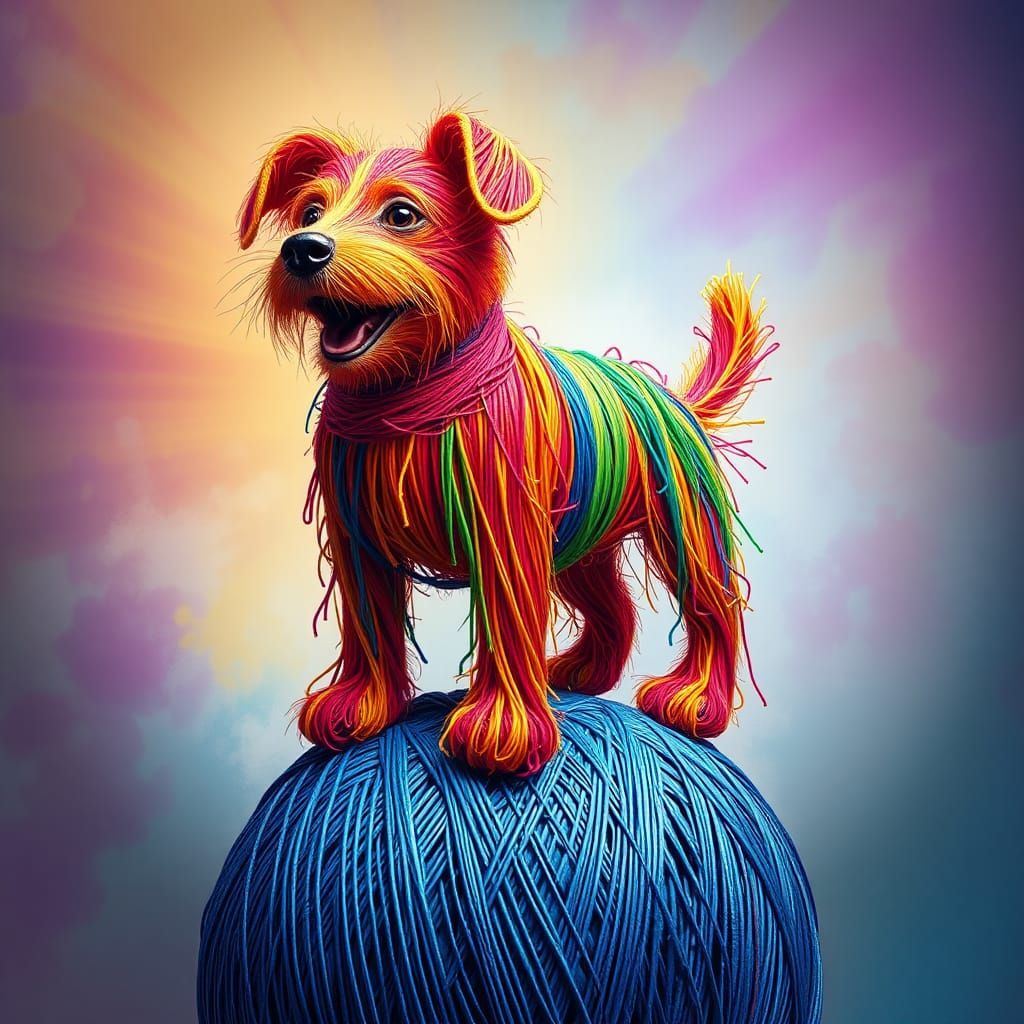 String Dog on String Ball, Fantasy Airbrush Art