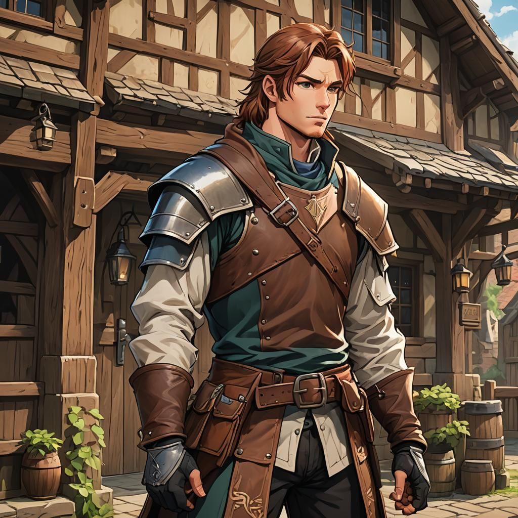 Medieval Ranger Outside Inn in Anime Style