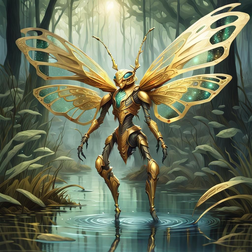 Gold Insect-Human Hybrid Flies in Shimmering Armor