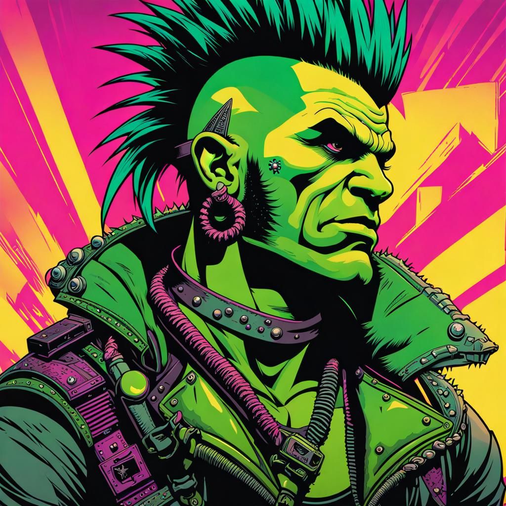 Gritty Orc Punk Rocker in Cyberpunk Arcade