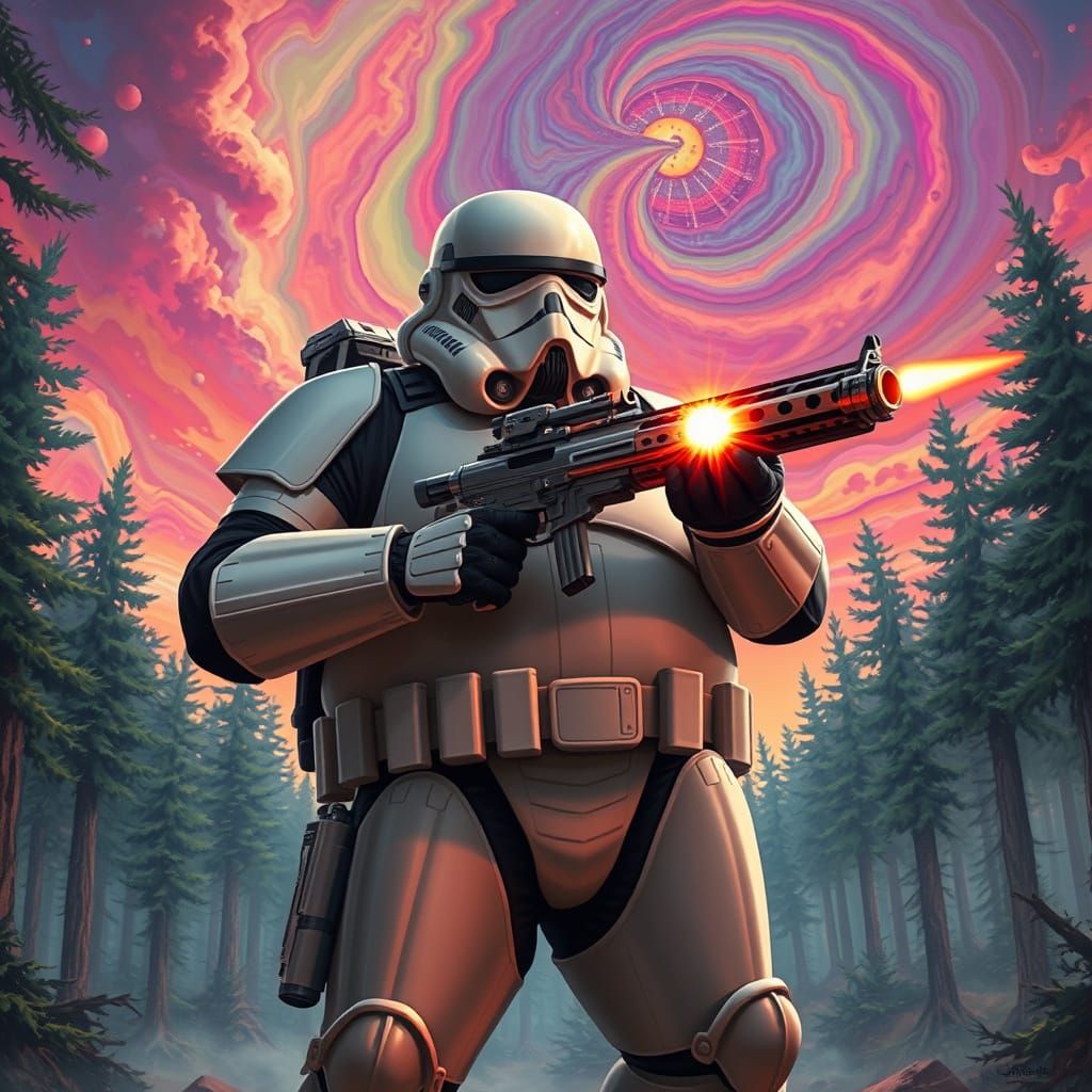 Psychedelic Stormtrooper Battle in Hyper-Realistic Style