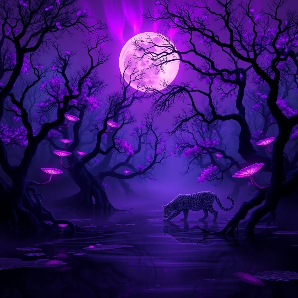 Ethereal Lilac Leopard in Cyberpunk Mangrove Swamp