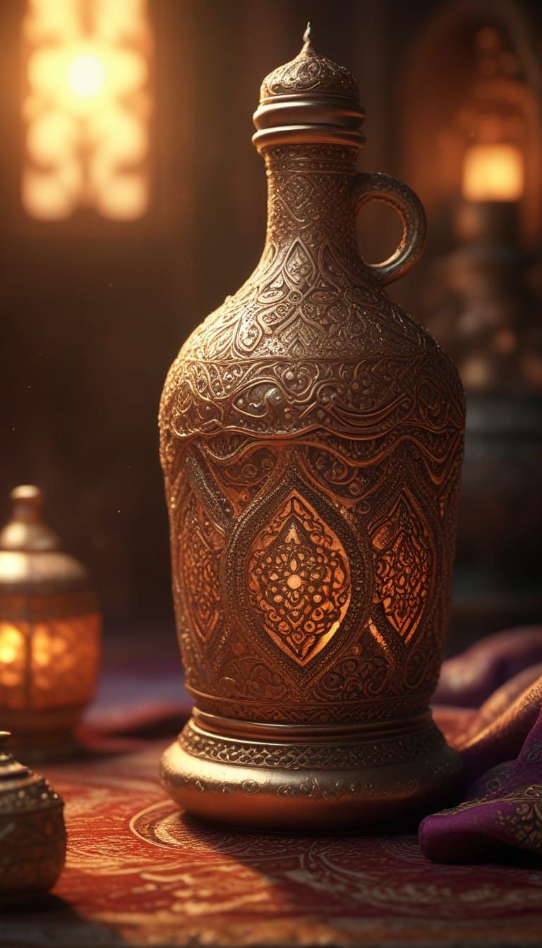 Mystical Genie Emerge from Lantern Bottle in Folk Art Style