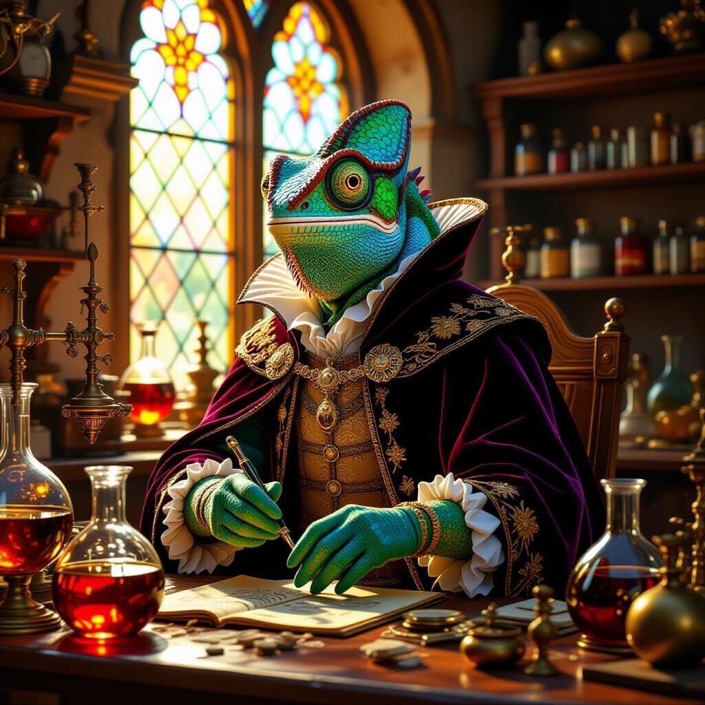 Chameleon Alchemist in Laboratory, Hyperrealistic Renaissanc...
