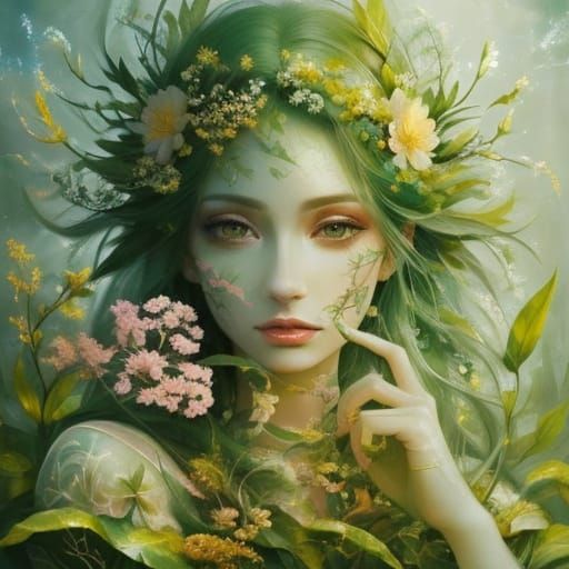 Surreal Woman with Leaf Skin and Glass Hair Oil Painting