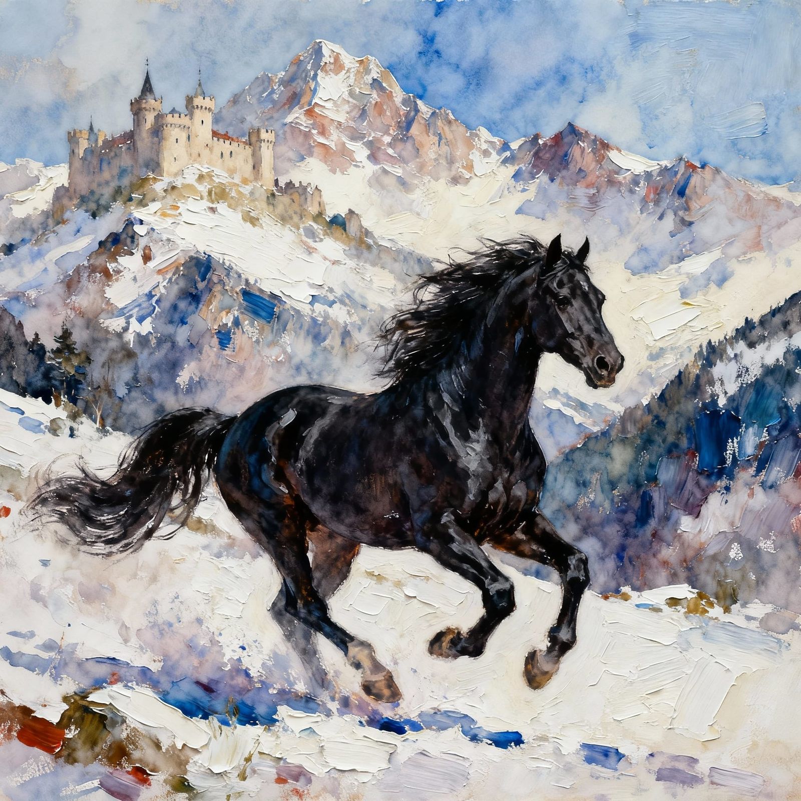 Majestic Black Horse Gallops Through Snowy Mountains in Goua...