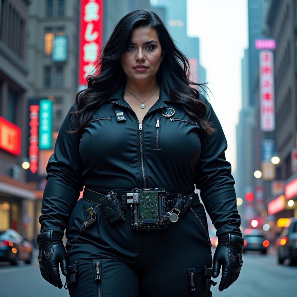 Plus-Size Sci-Fi Heroine in Cyberpunk Cityscape