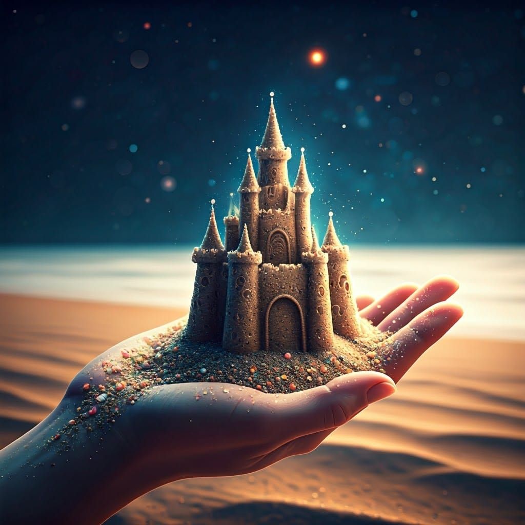 Cosmic Sandcastle on a Hand, Digital Art
