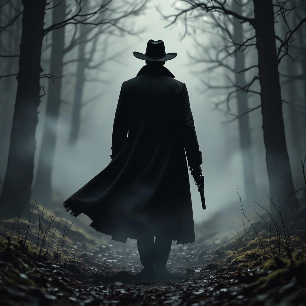 Man in Black with Revolver in Foggy Forest