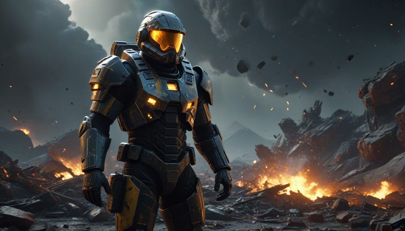 Starship Trooper Commander in Desolate Ruins Under Looming M...