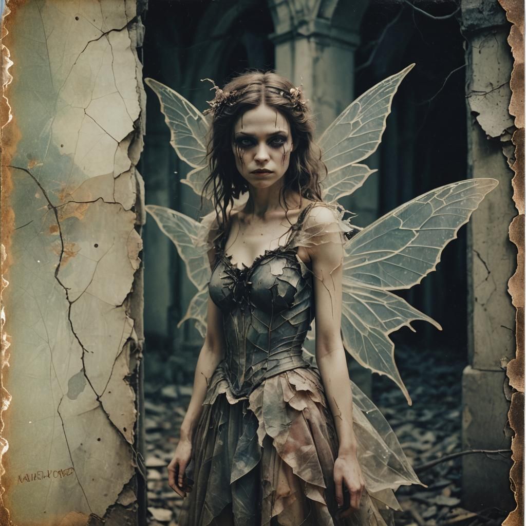 Eerie Fairy on Cracked Postcard in Surreal Style