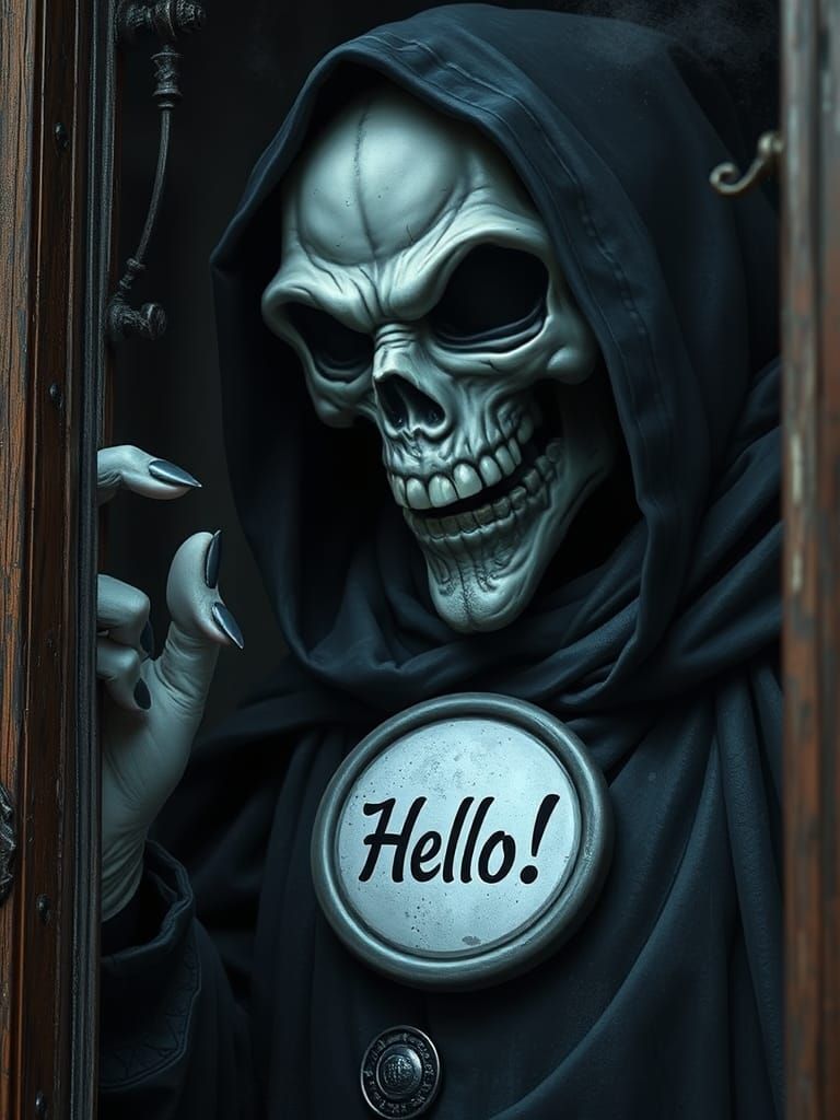 Smiling Grim Reaper Knocks on Window