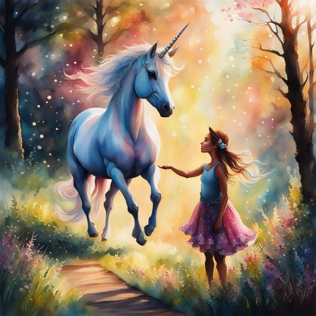 Unicorn and Girl in Summer Sunlight, Watercolor Art