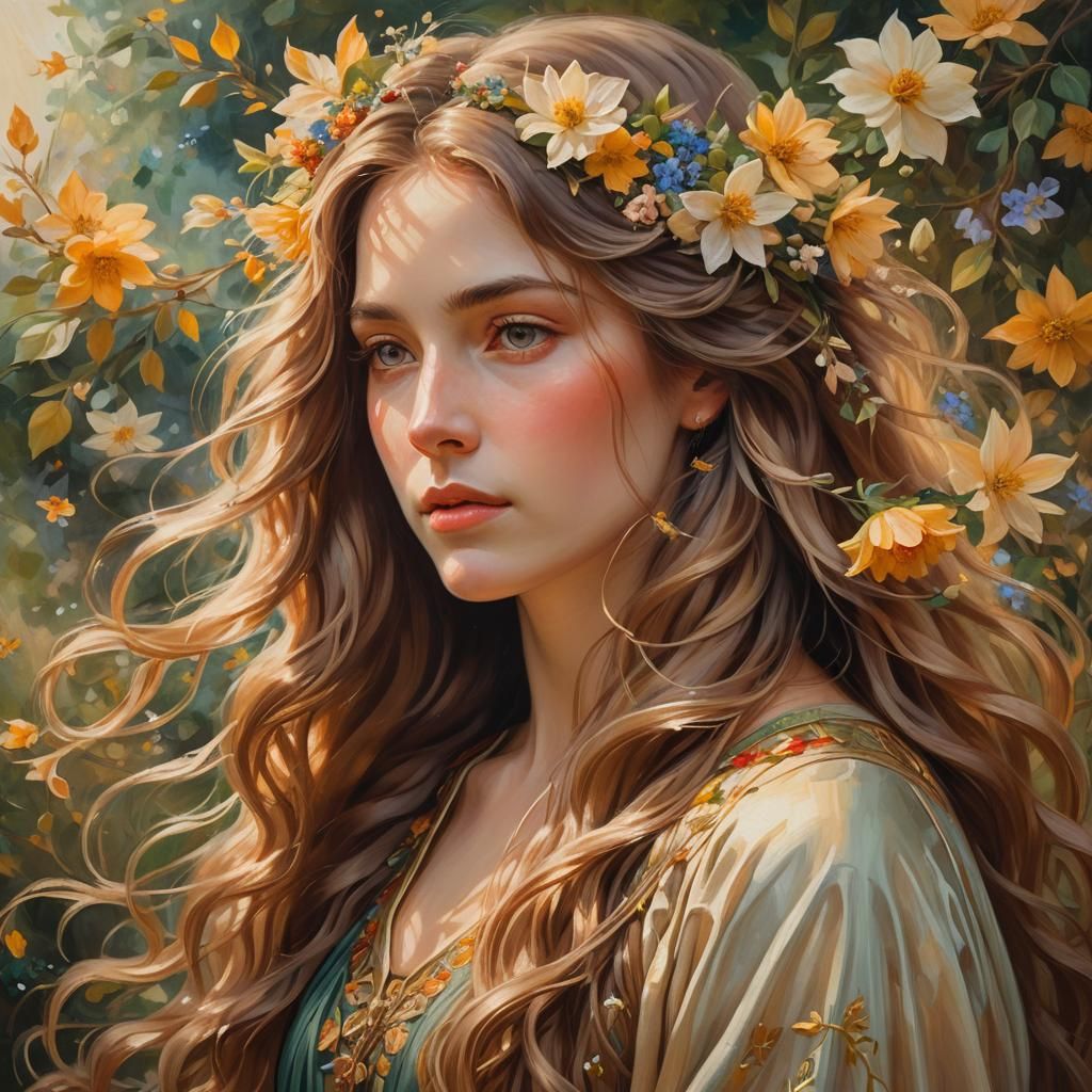 Woman with Flowers in Pre-Raphaelite Style