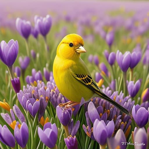 a saffron finch sitting in a field of  purple crocuses with ...