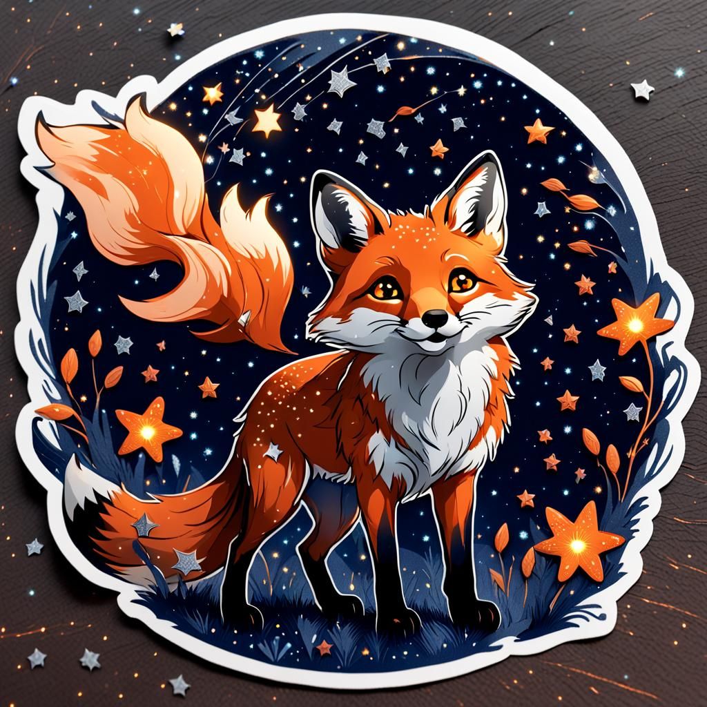 Playful Fox Gazing at Stars: 3D Sticker Art