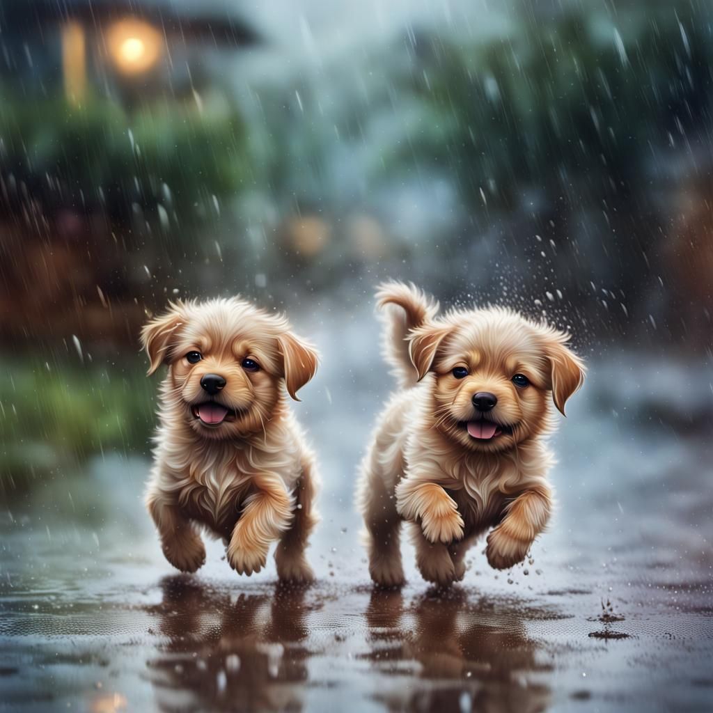 Dancing Puppies in the Rain, Hyperrealistic Digital Art