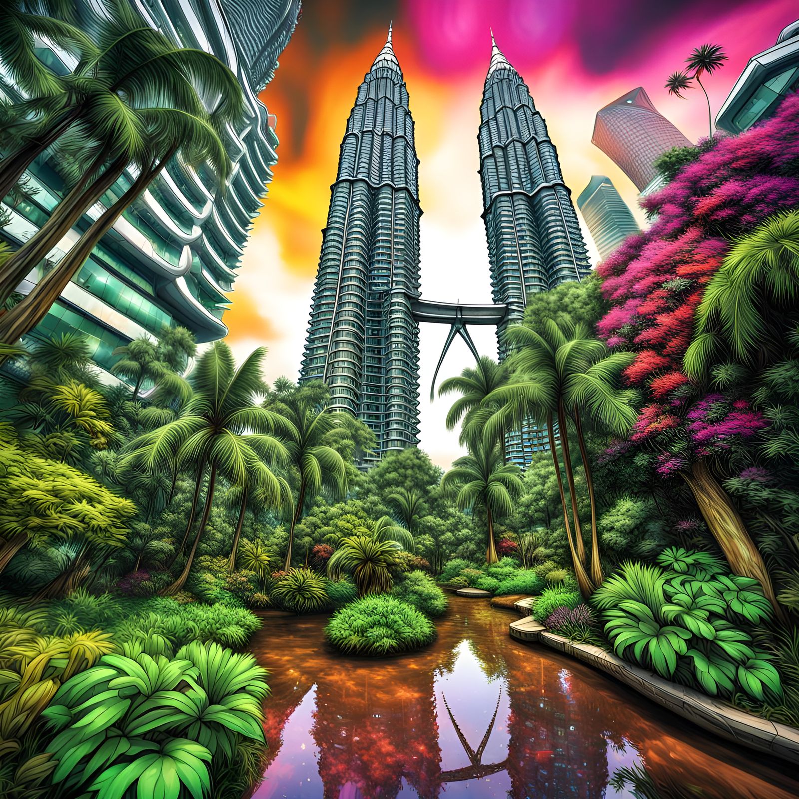 Futuristic Petronas Towers in Lush Tropical Garden