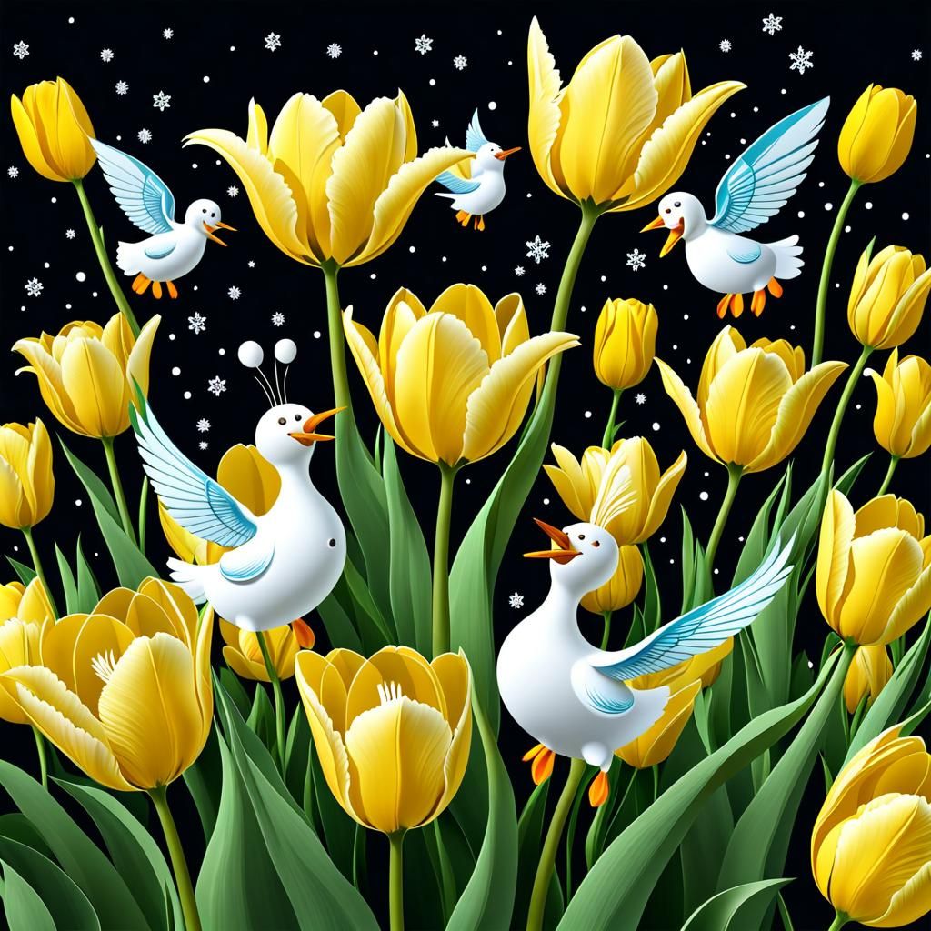 Flying Snowmen in Springfield of Tulips: Abstract Vector Art