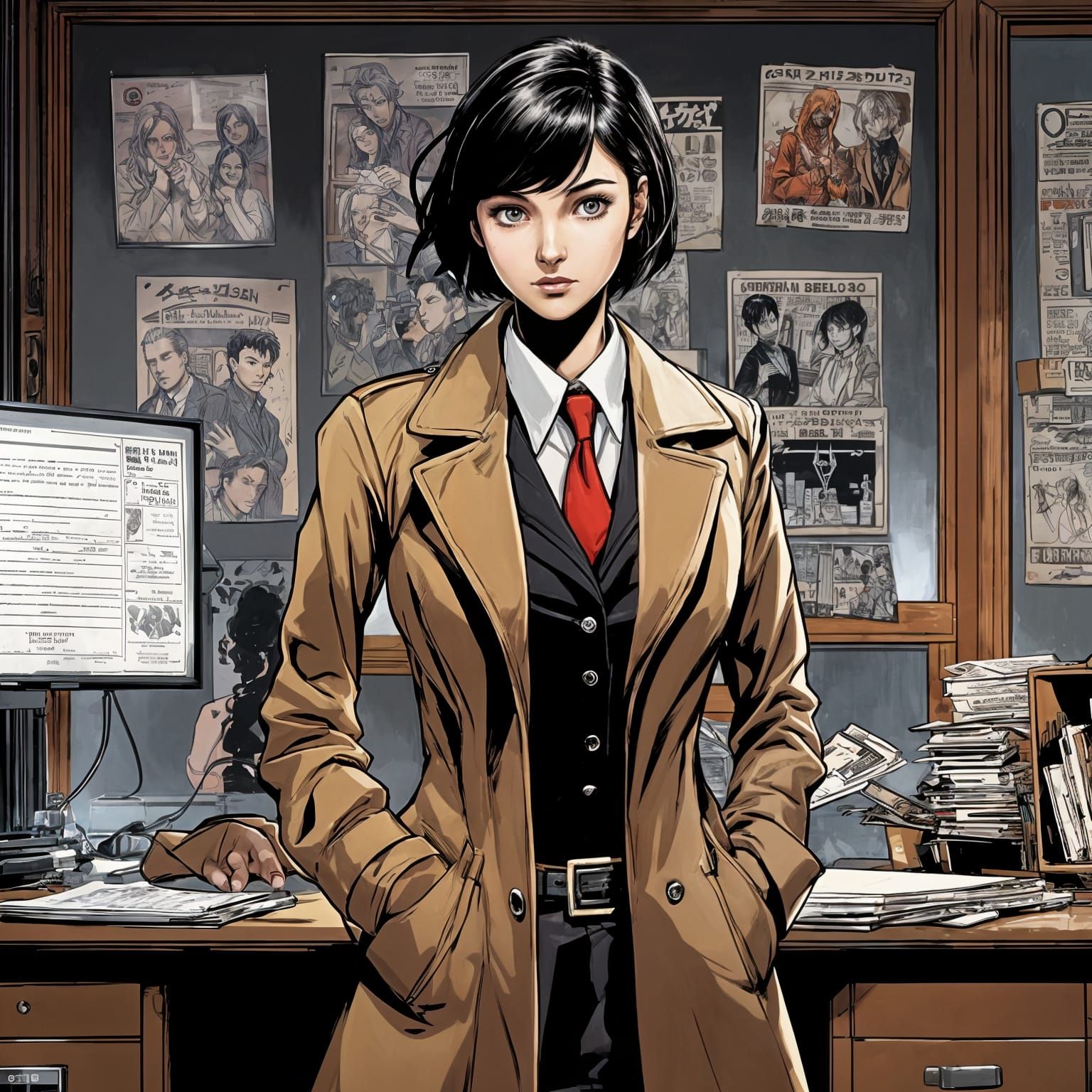 Female Detective in Anime Comic Book Style