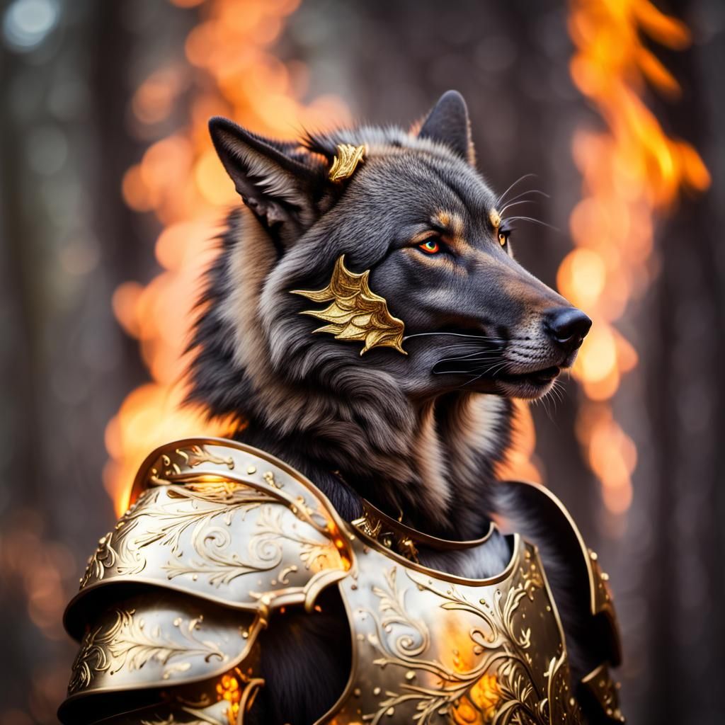 Armored Black Wolf Amidst Fantastical Fire