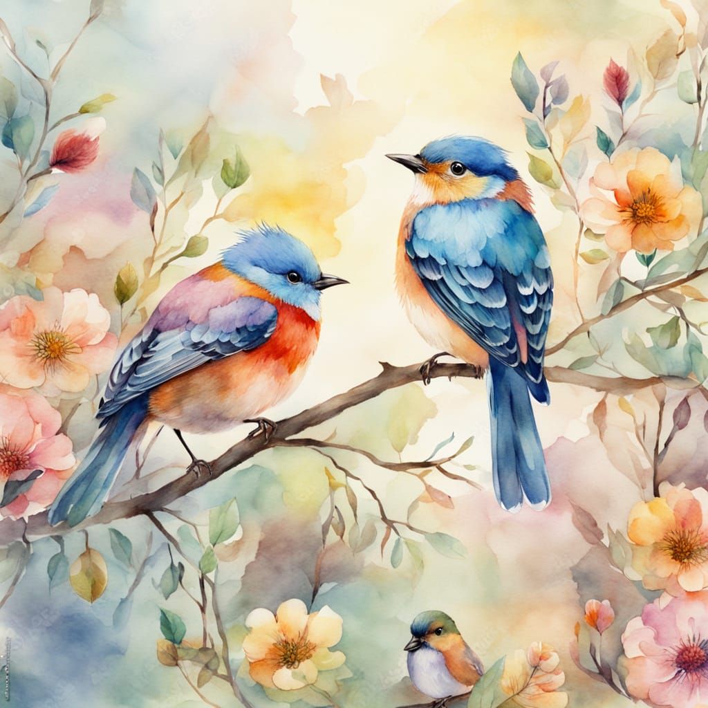 Whimsical Watercolor Birds in Love, Beatrix Potter Style
