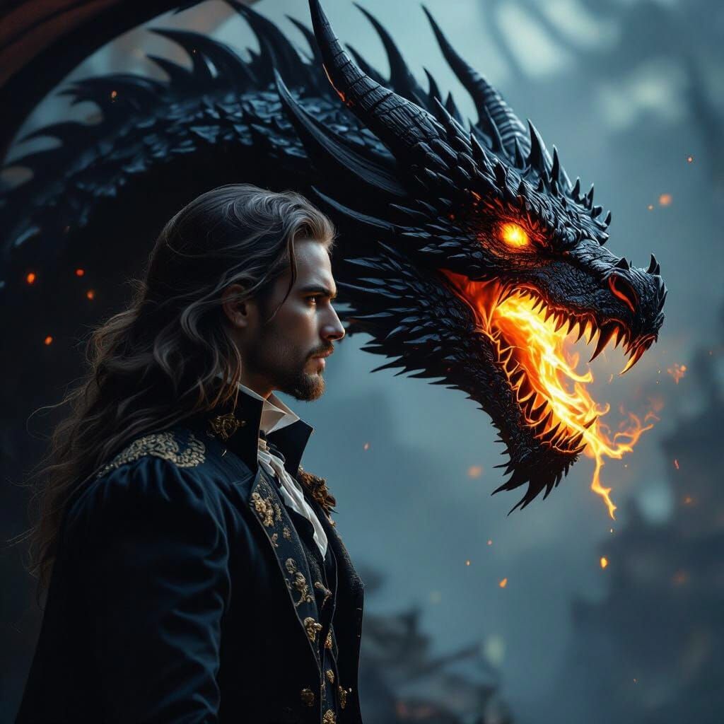 Victorian Man Beside Black Dragon with Fiery Eyes