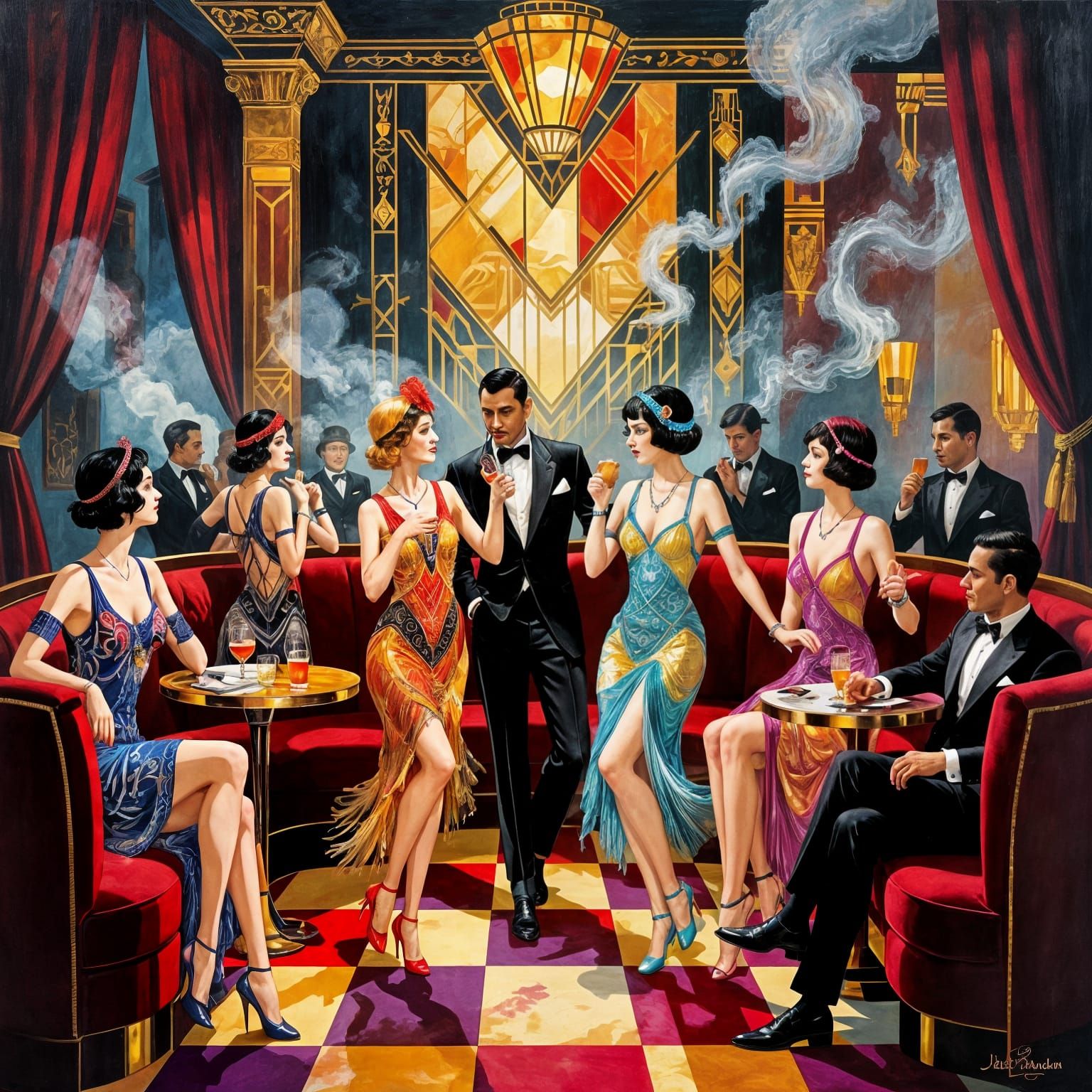 "A Speakeasy bar with velvet booths, art deco details, and l...