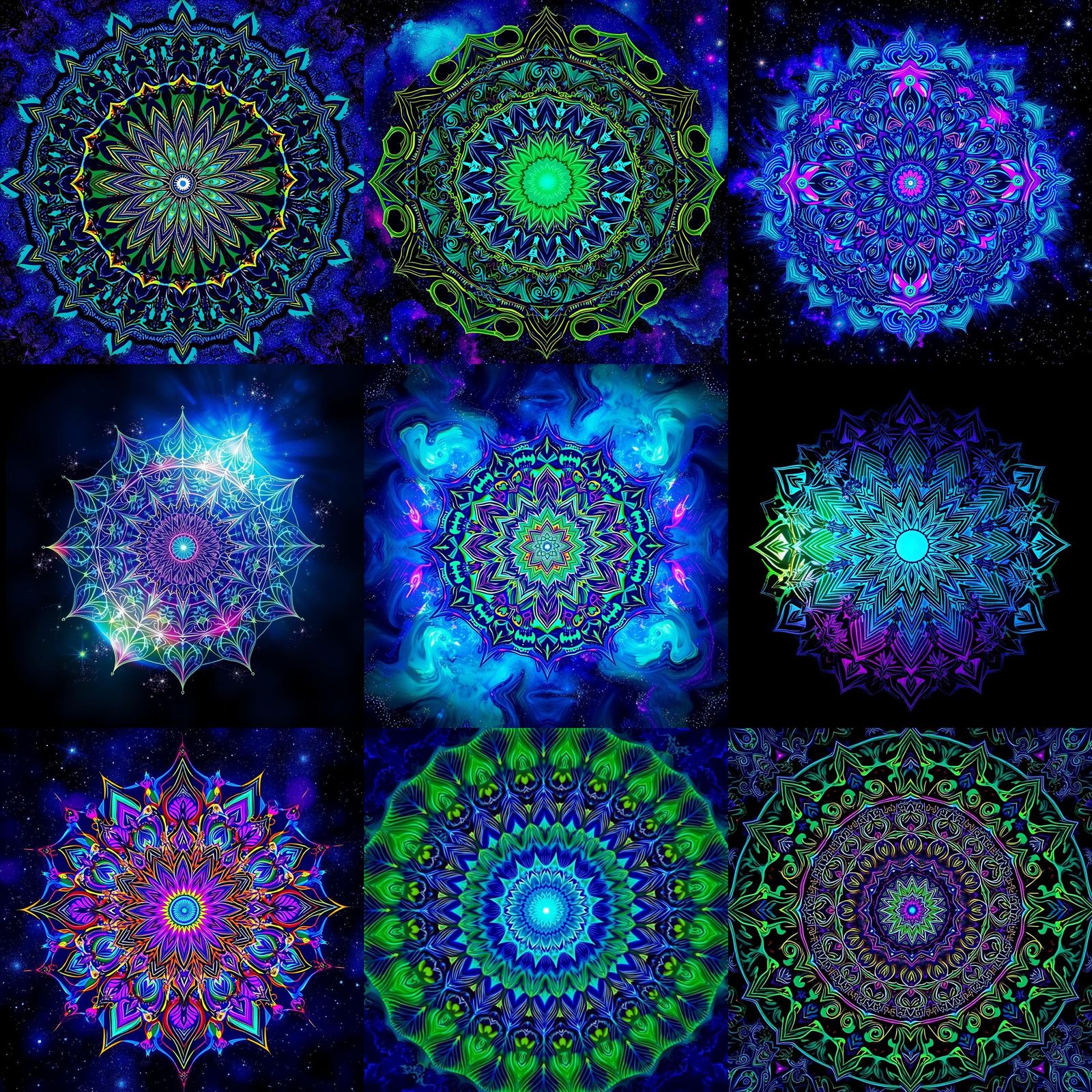 Geometric Mandala in Blues, Greens, and Purples