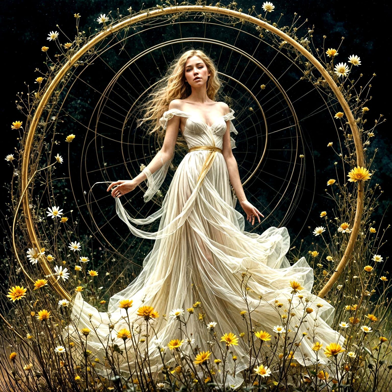 Dreamy Blond Model in Surreal Geometric Landscape