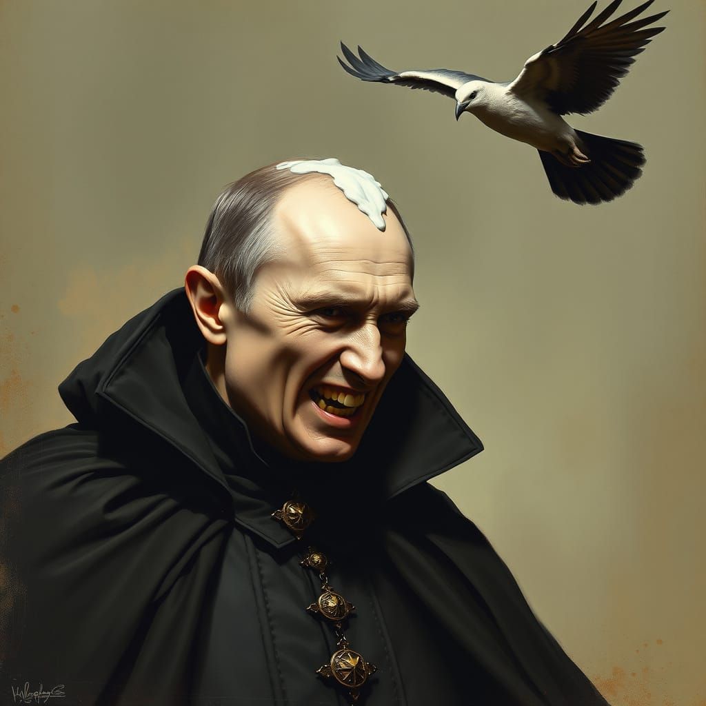 Count Vladimir Putin the Vampire, showing his teeth. Bird ta...