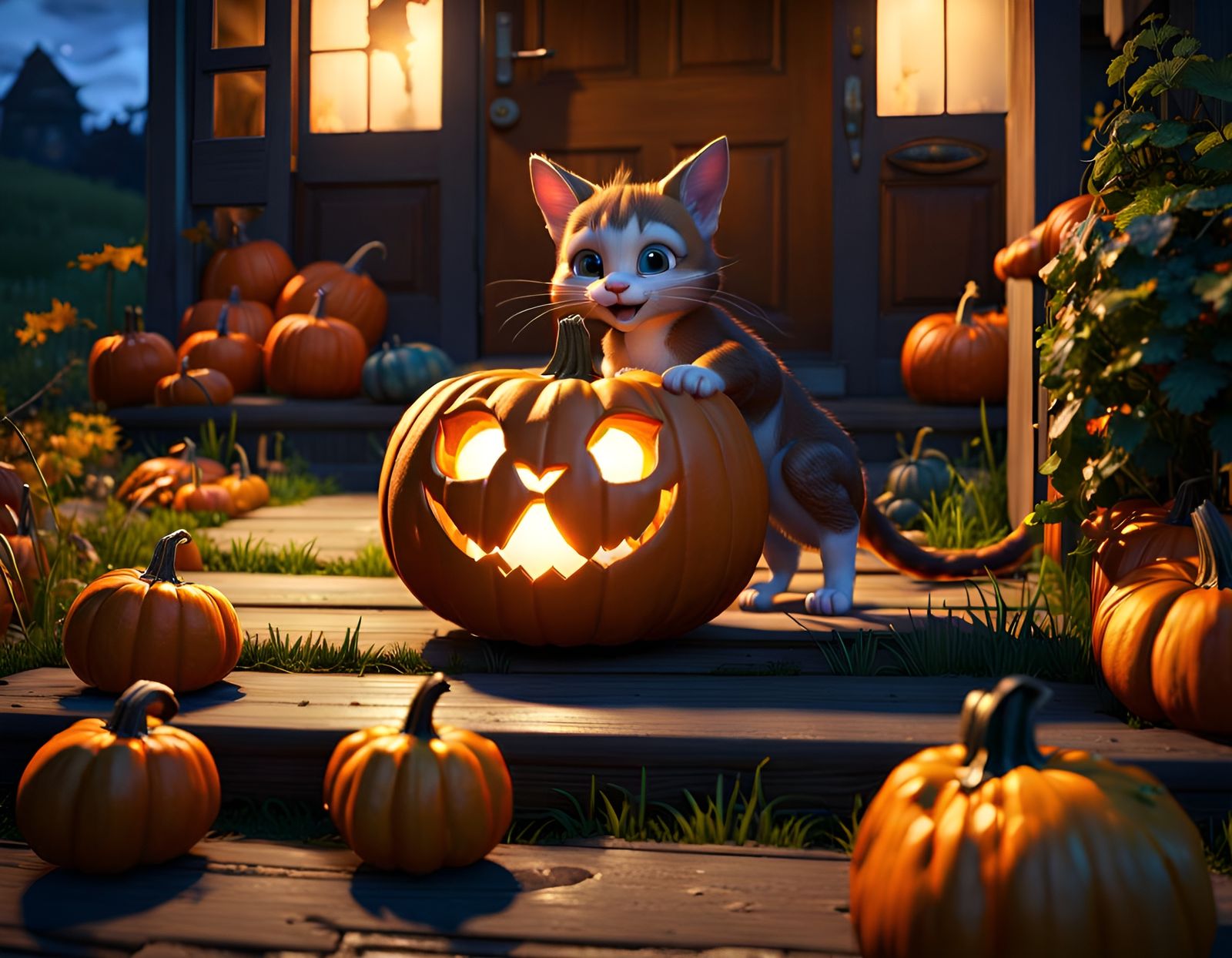 Curious Kitten Sniffs Halloween Pumpkin at Night