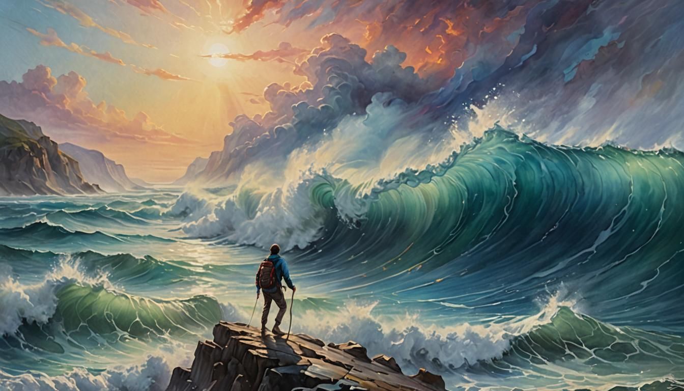 Hiker Climbs Ocean Wave in Ethereal Oil Painting