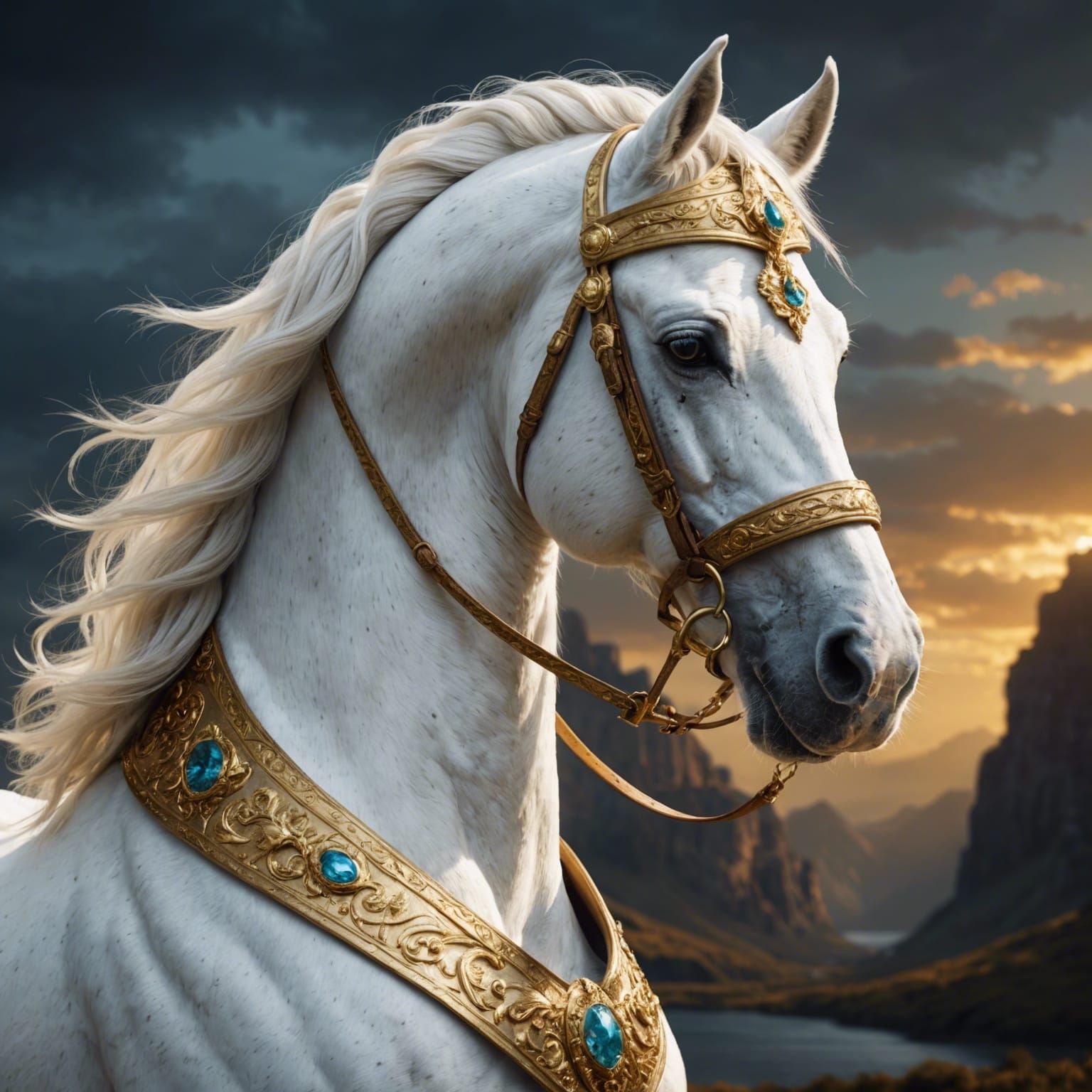 White Stallion with Golden Bridle: Fantasy Concept Art