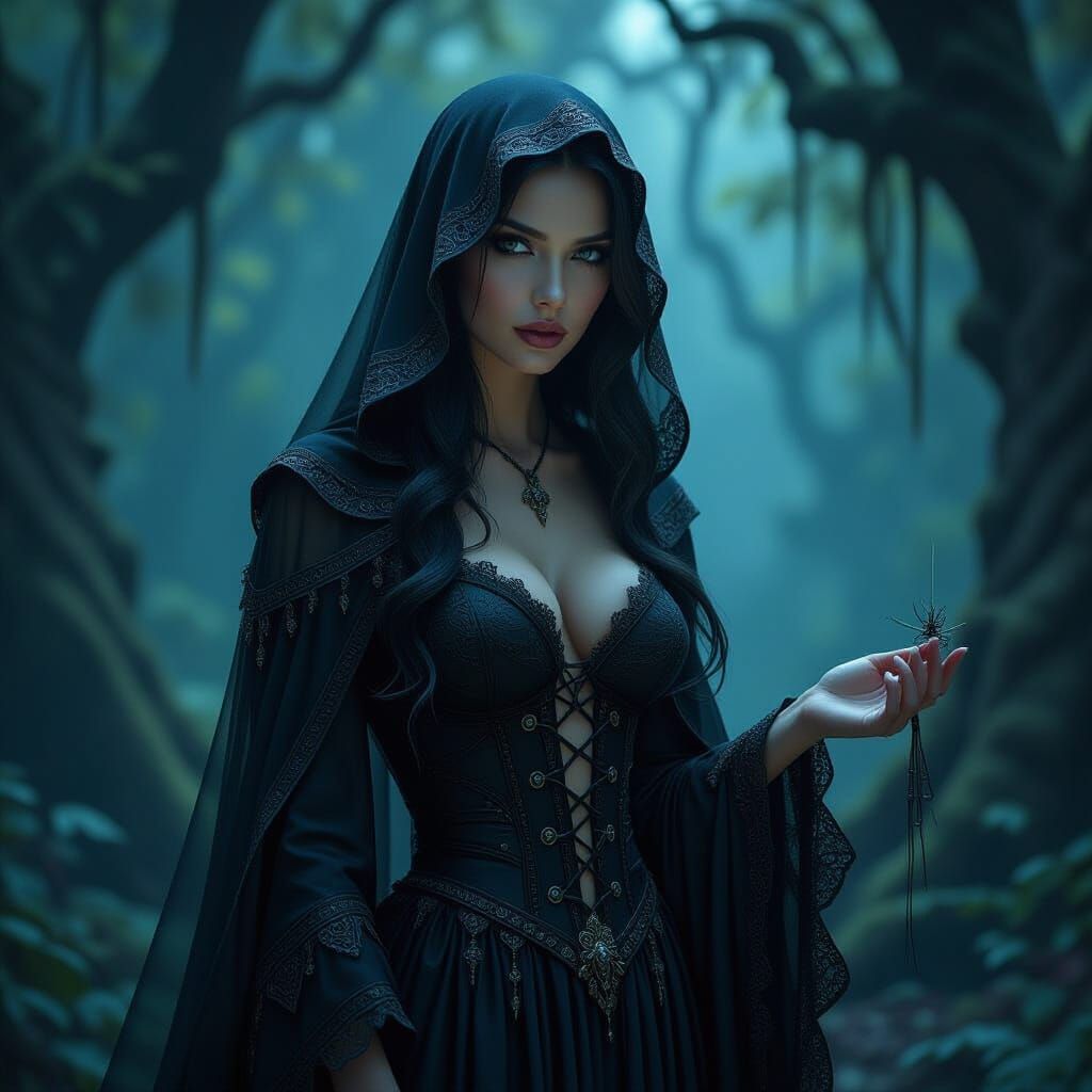 Mysterious Woman in Glistening Spiderweb Attire