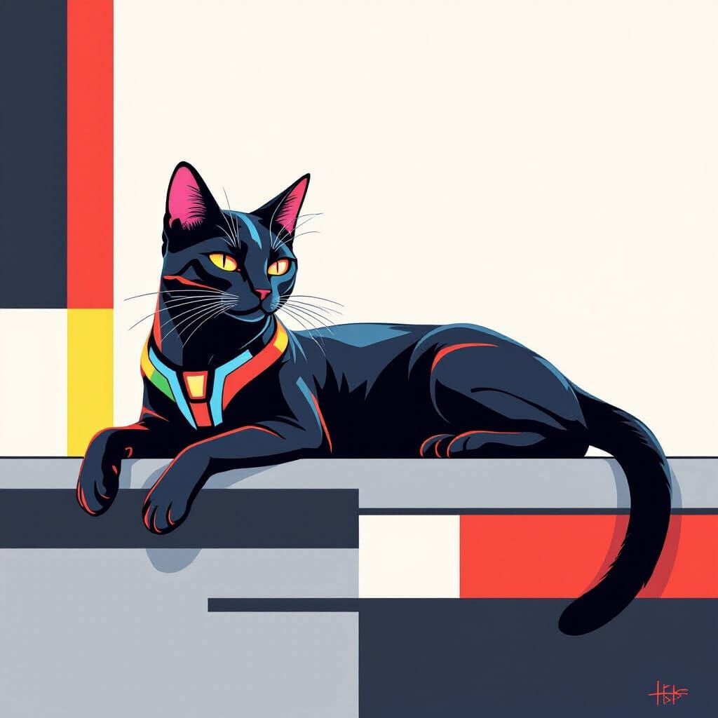 Futuristic Neon Cat on De Stijl Platform