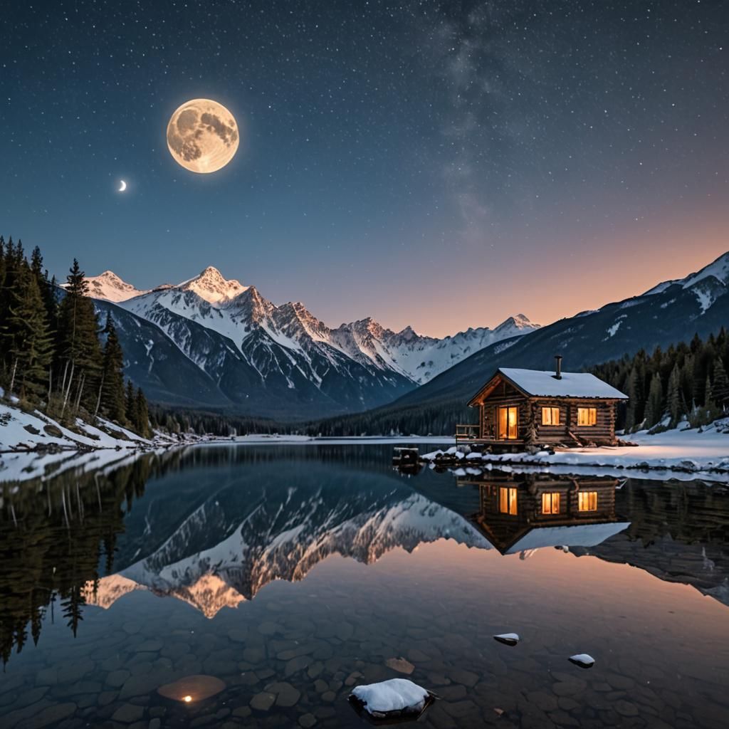 Twilight Lakeside Cabin with Mountain Reflection