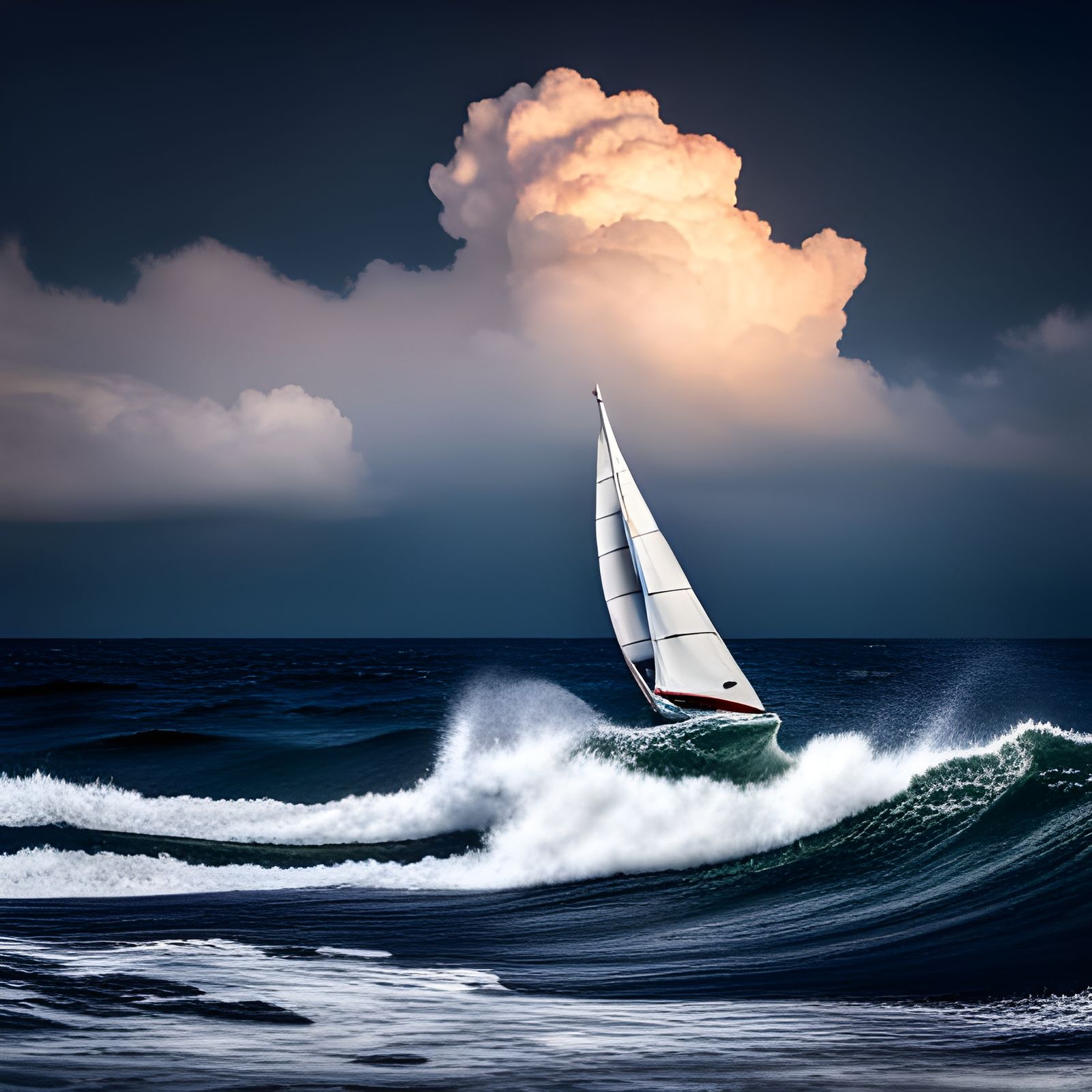 Small Sailboat on Rough Sea in Hyperrealism