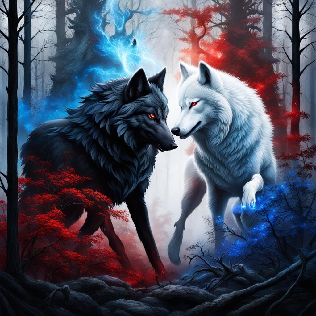 Epic Battle Between Mythical Wolves in Forest