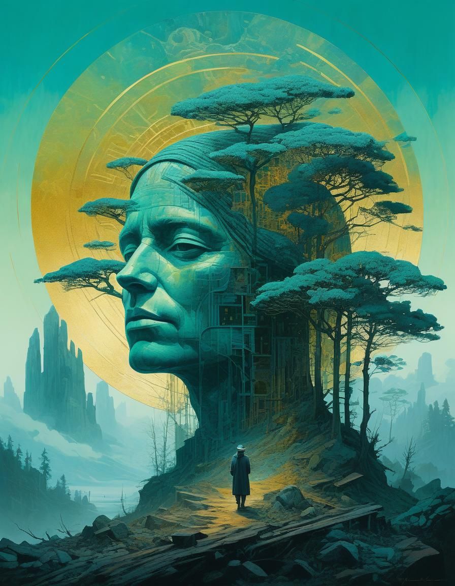 Ethereal Teal Art: Misty Figure in Dystopian Landscape