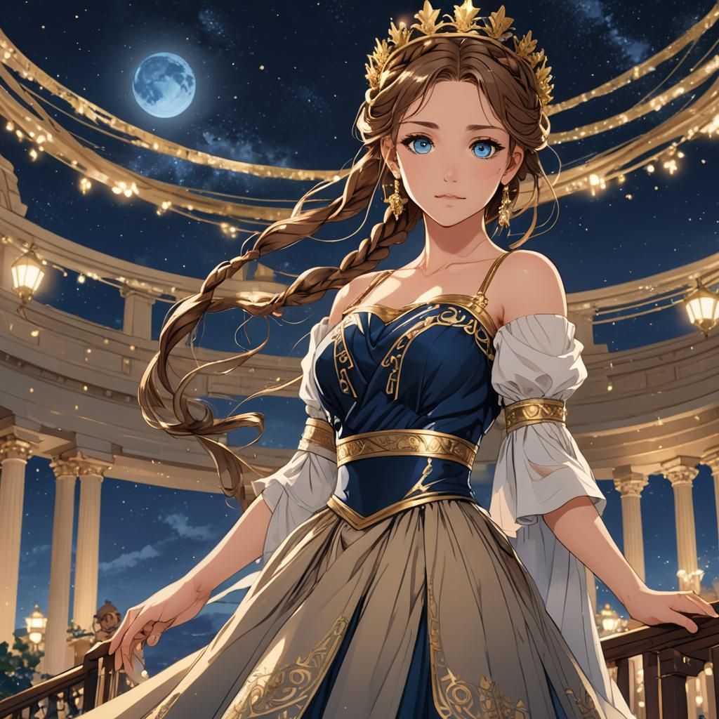 Greek Goddess at an Outdoor Ballroom, Cel-Shaded Anime Art