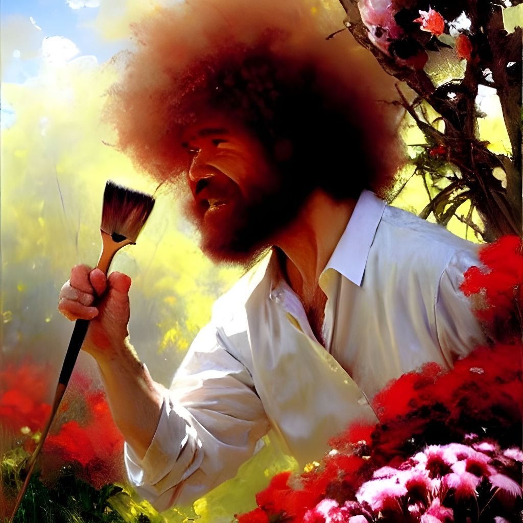 Painter Cleans Brush in Flower Garden, Oil Painting