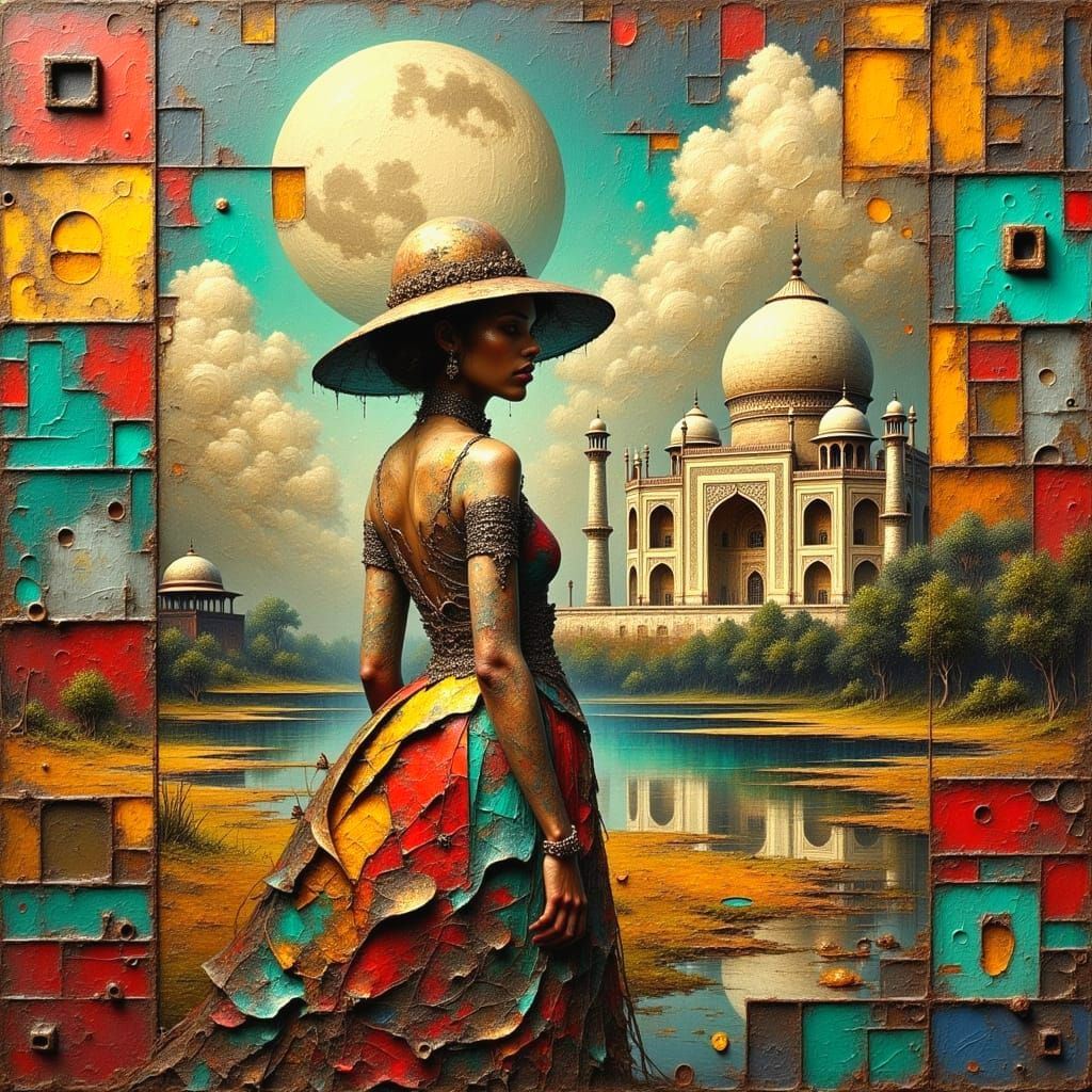 Surreal Oil Painting of Modern Indian Woman in Antique Cloth...