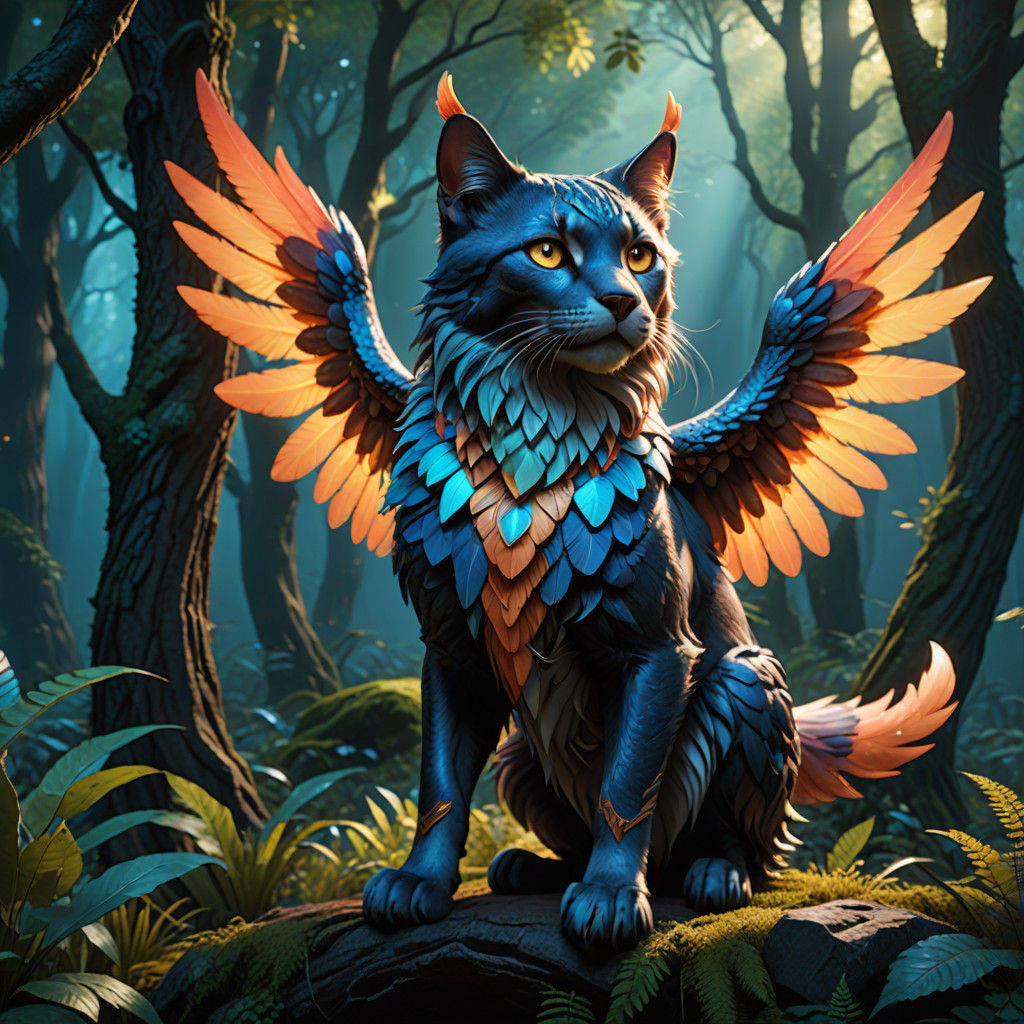 Wonderful Feline Canine Hybrid Spreads Vibrant Wings in Myst...